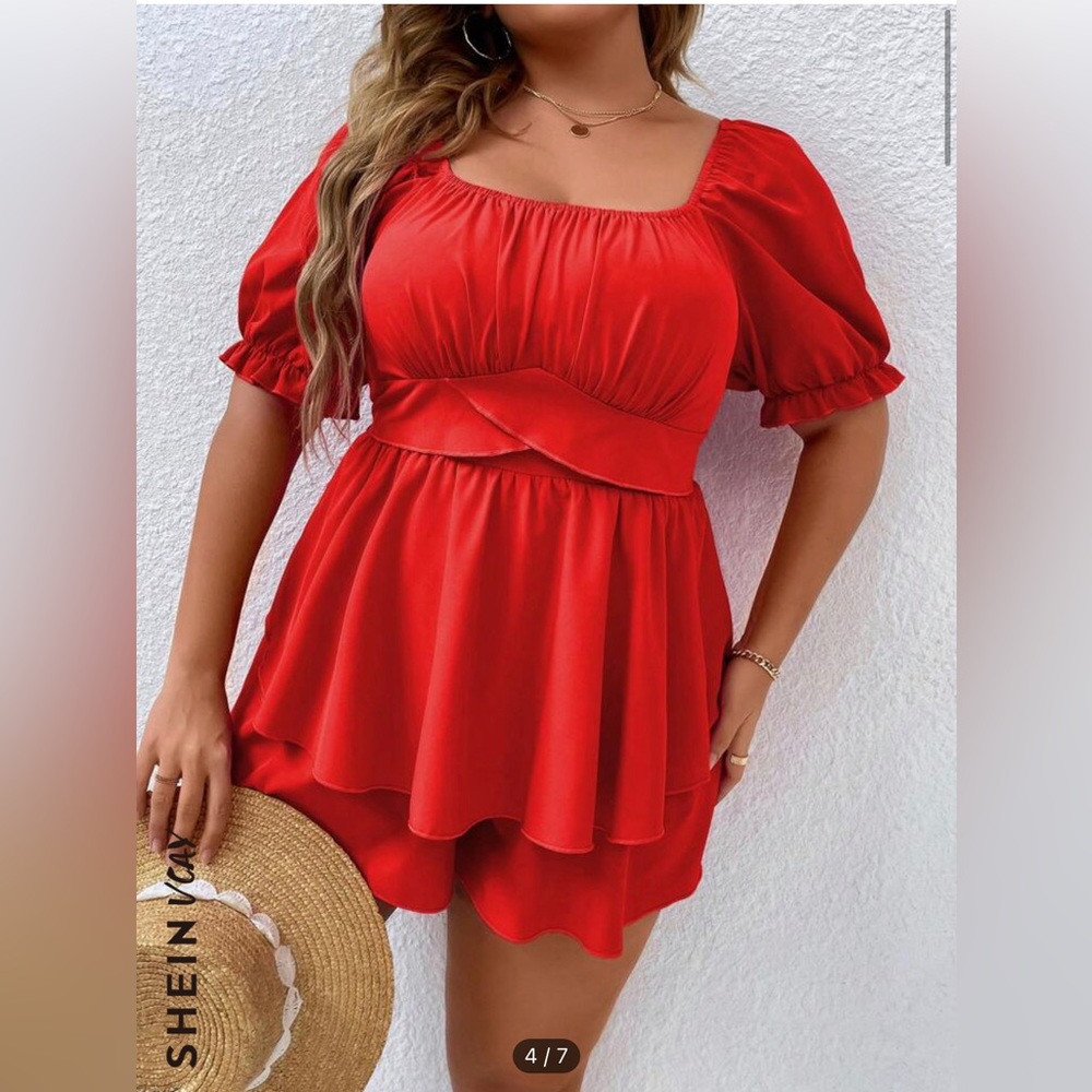 SHEIN VCAY Plus Ruched Bust Puff Sleeve Romper - Picture 1 of 6